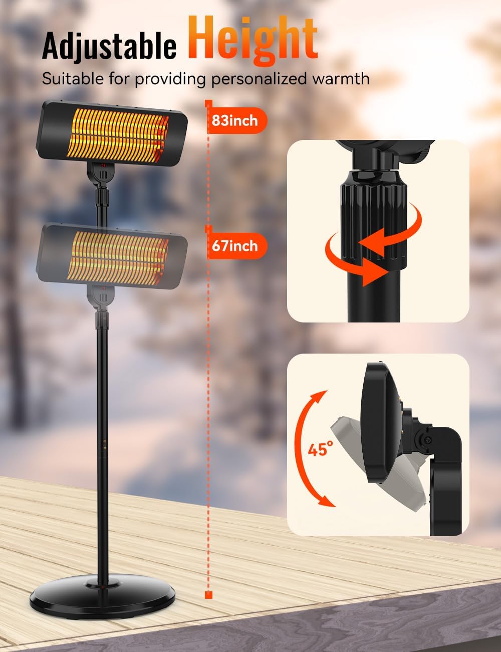 Outdoor Heater, 12H Timer&3 Heat Level, IP54 Waterproof Garage Heater, 1500W Infrared Heating Covers 300Sq.ft, Tip-Over Protection, Towel Bracket,Remote, 83Inch Patio Heaters for Outdoor Use