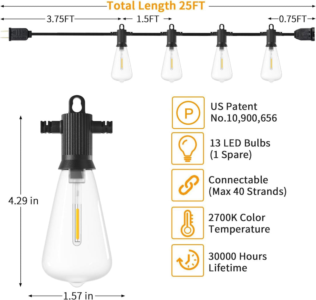 ZOTOYI Outdoor String Lights 25FT, Waterproof IP65 Patio Lights with 13 Shatterproof ST38 LED Bulbs, Outside Hanging Light Dimmable for Backyard, Bistro, Cafe, Garden 2700K Warm White