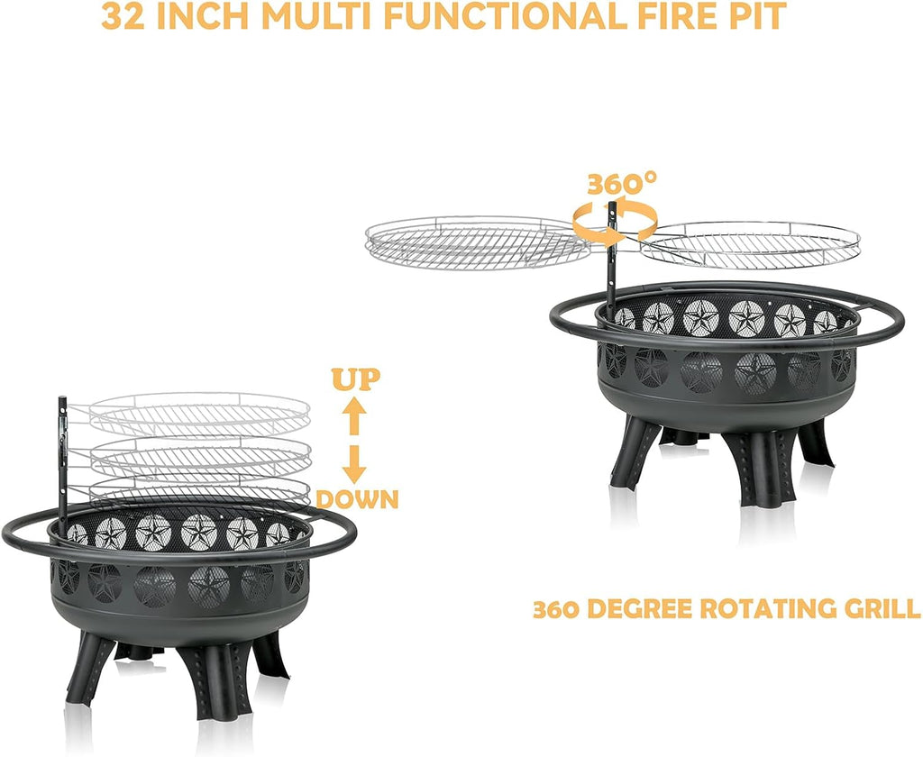 32 Inch Fire Pit with Swivel Cooking Grate,3-in-1 Wood Burning Firepit with Grill,Outdoor Fire Pits Table with Metal Lid and Poker for Outside Patio Backyard BBQ Bonfire Camping (32 Inch)