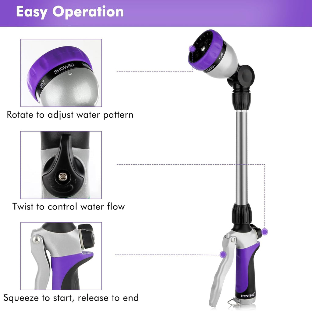 RESTMO Metal Watering Wand, Heavy Duty Garden Hose Wand with 180° Swivel Ratcheting Head, 16'' Hose Nozzle Sprayer with 7 Spray Patterns and Flow Control, for Water Hanging Baskets and Shrubs, Purple