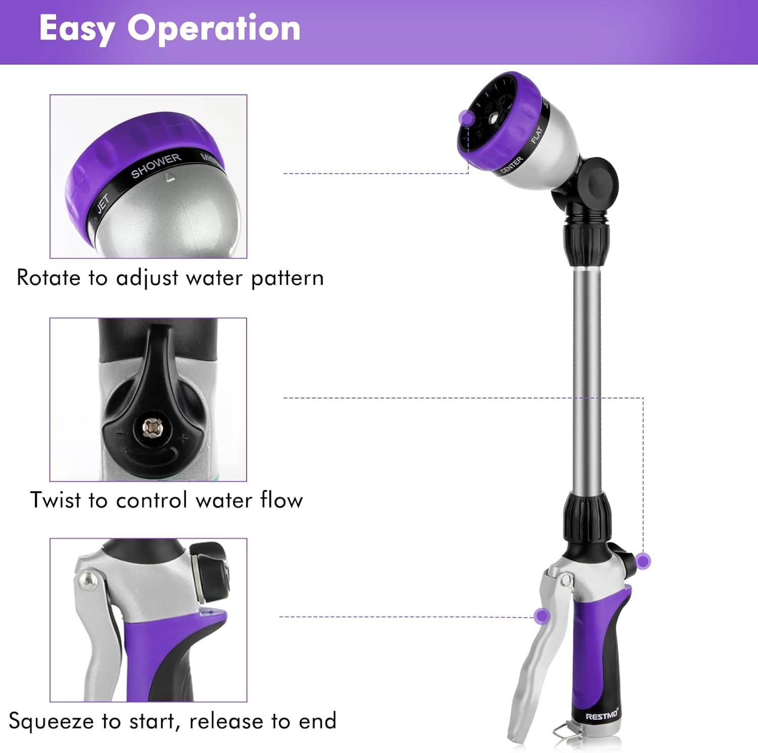 RESTMO Metal Watering Wand, Heavy Duty Garden Hose Wand with 180° Swivel Ratcheting Head, 16'' Hose Nozzle Sprayer with 7 Spray Patterns and Flow Control, for Water Hanging Baskets and Shrubs, Purple