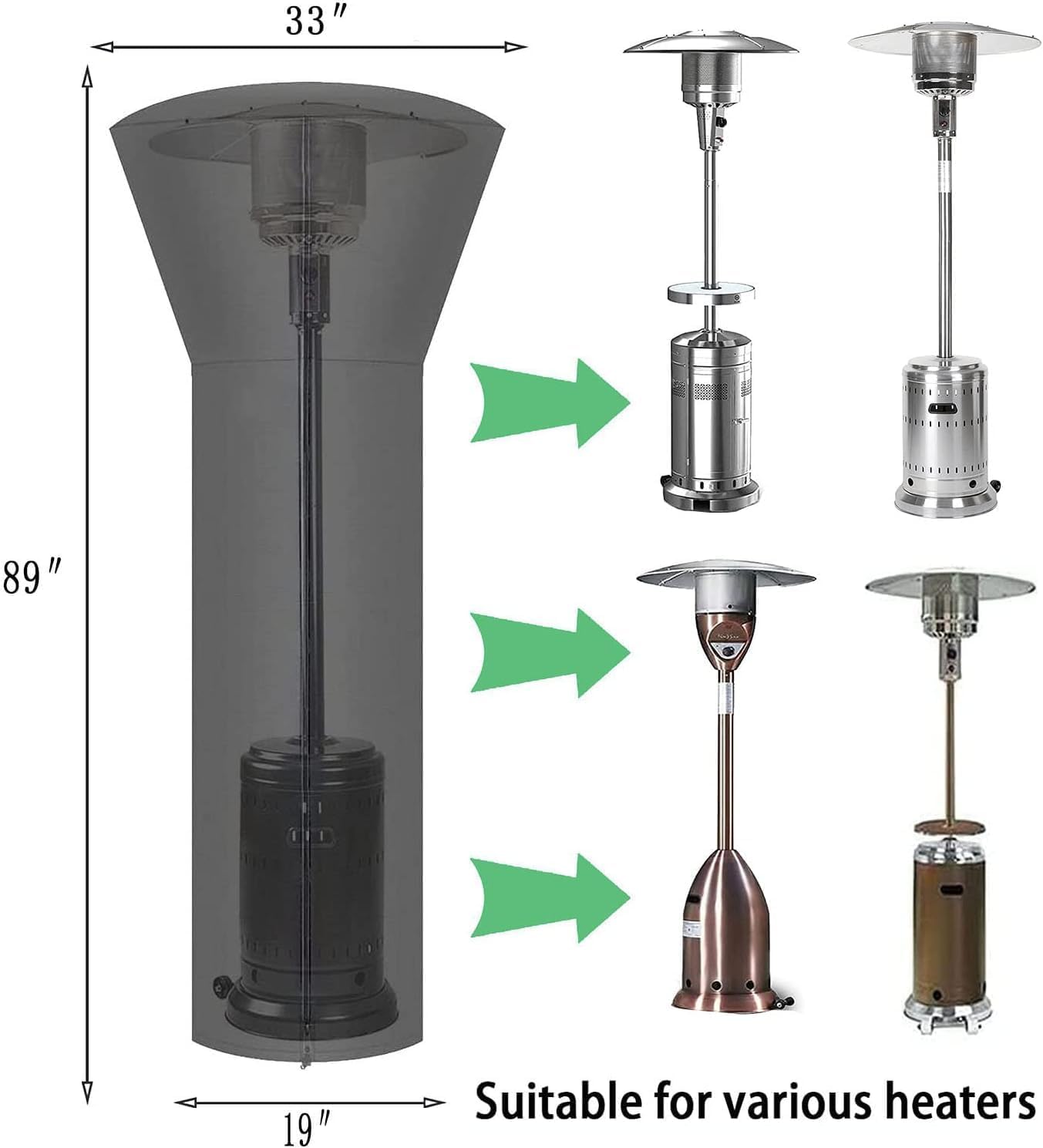 SIRUITON Patio Heater Covers with Zipper and Air Vent,Waterproof Outdoor Heater Cover, Dustproof,Wind-Resistant,UV-Resistant,Snow-Resistant,（87" Height x 33" Dome x 19" Base, 420D Black）