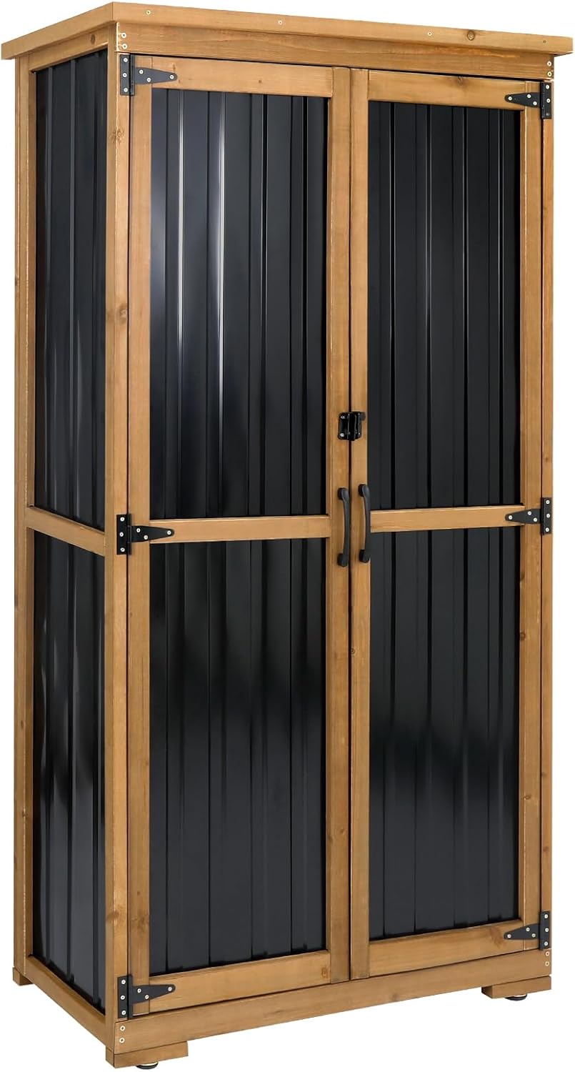 Outdoor Storage Cabinet, Wood & Metal Tall Tool Shed with Weather-Resistant Roof, Double Lockable Doors, 3 Removable Shelves & Adjustable Feet, for Patio, Garden, Backyard, 32" x 15.5" x 66"