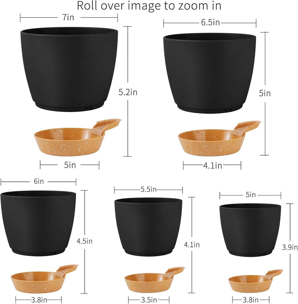 GARDIFE Plant Pots 7/6.5/6/5.5/5 Inch Self Watering Planters with Drainage Hole, Plastic Flower Pots, Nursery Planting Pot for All House Plants, Succulents,Snake Plant, African Violet, Flowers,Black