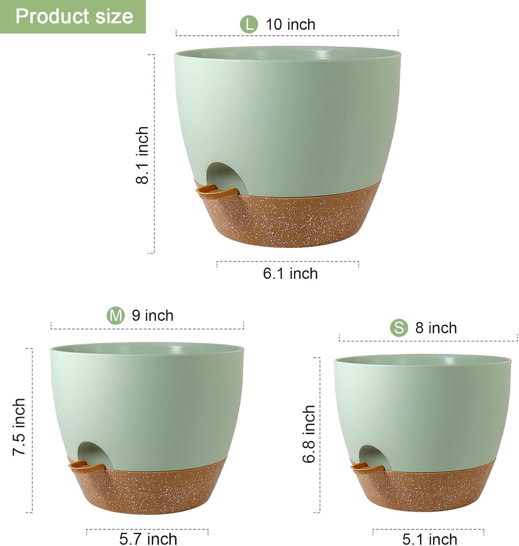 10/9/8 inch Self Watering Pots, Planter, Plant Pots with Mesh Drainage Holes for Indoor Outdoor Garden Plants, Plastic Flower Pots with Deep Reservoir for House Plants, Green with Brown