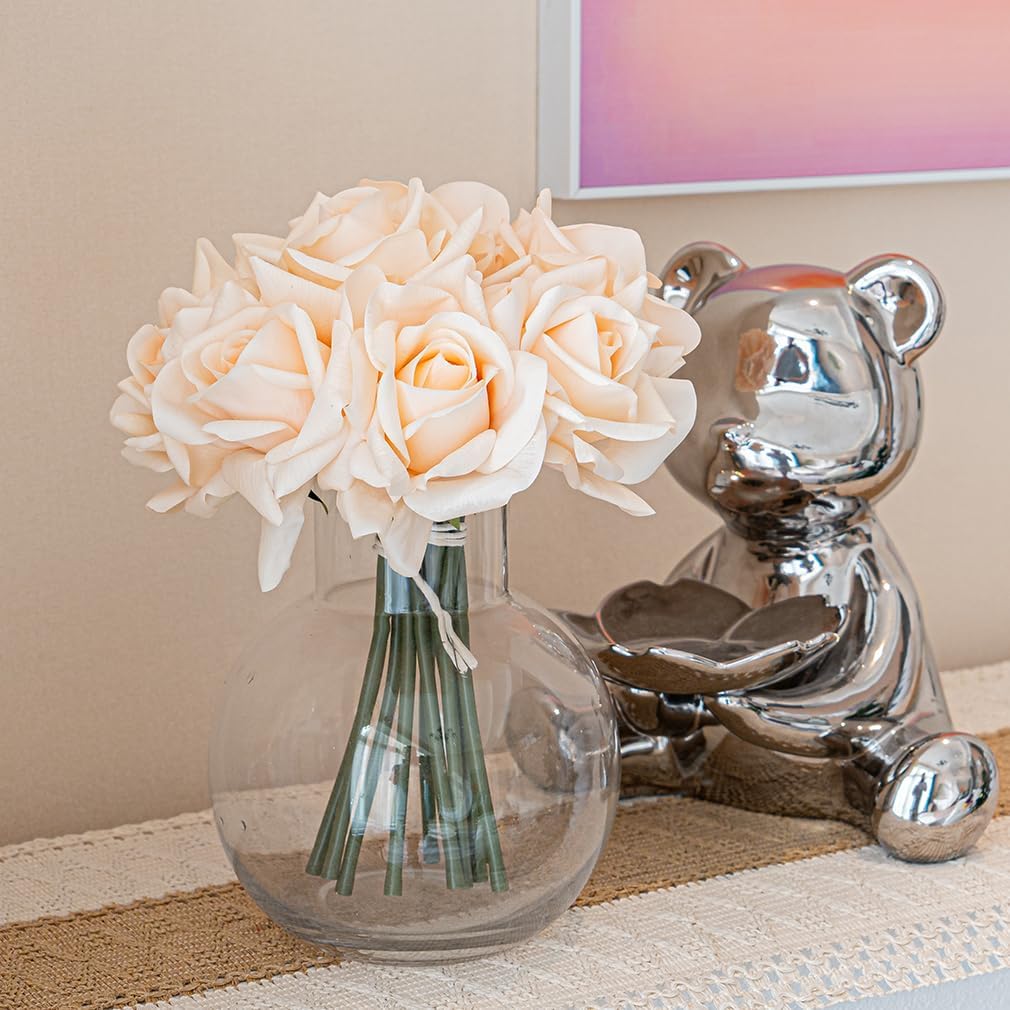 Artificial Roses Single Stem 10pcs Fake Silk Flower Arrangement Bouquet Real Touch for Home Party Wedding Decoration(Champagne)