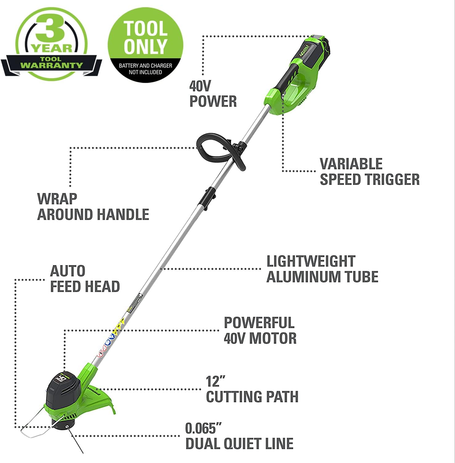 Greenworks 40V 12-Inch Cordless String Trimmer, Battery and Charger Not Included, BST4000
