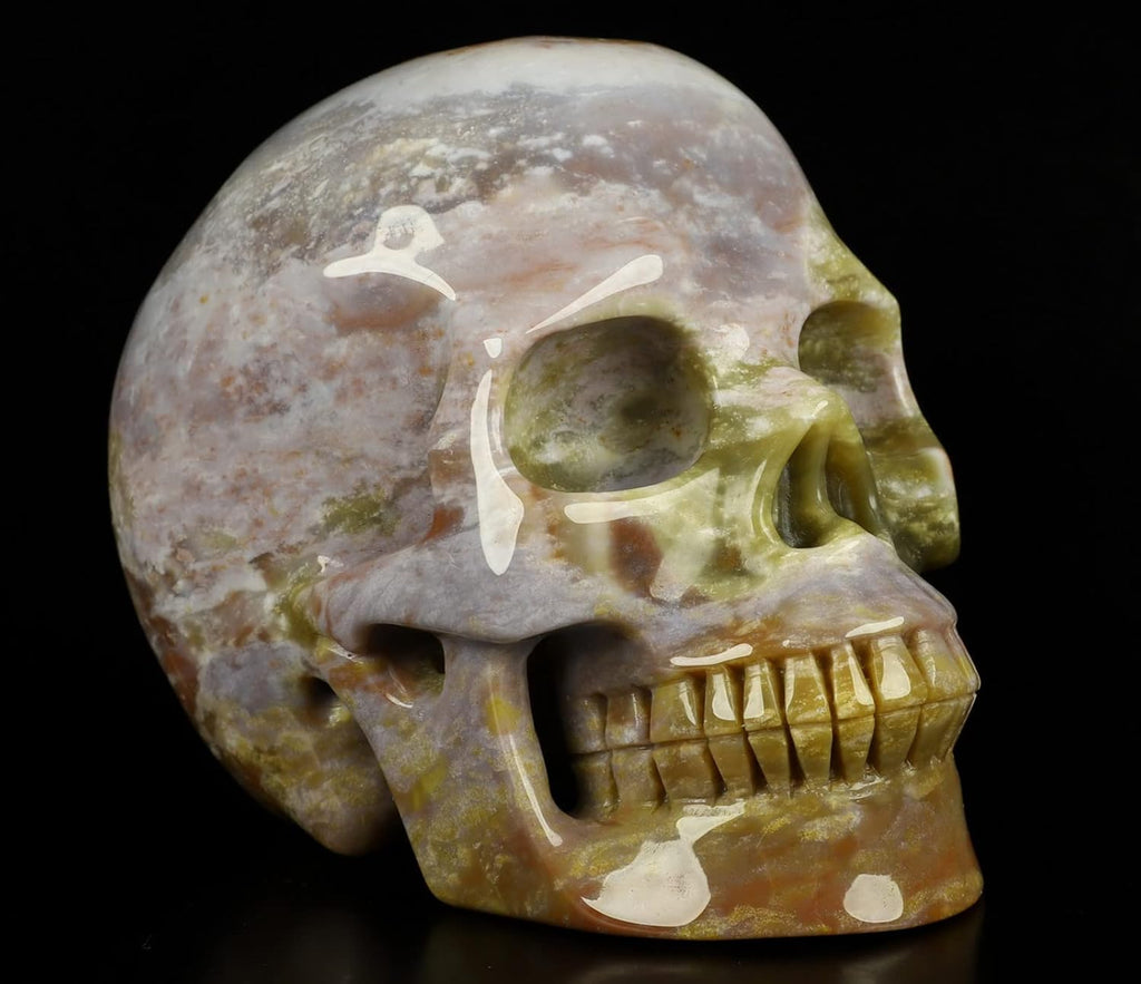 Skullis 5.0" Indian Agate Crystal Skull, Hand Carved Gemstone Fine Art Sculpture, Reiki Healing Stone Statue.530 Z8