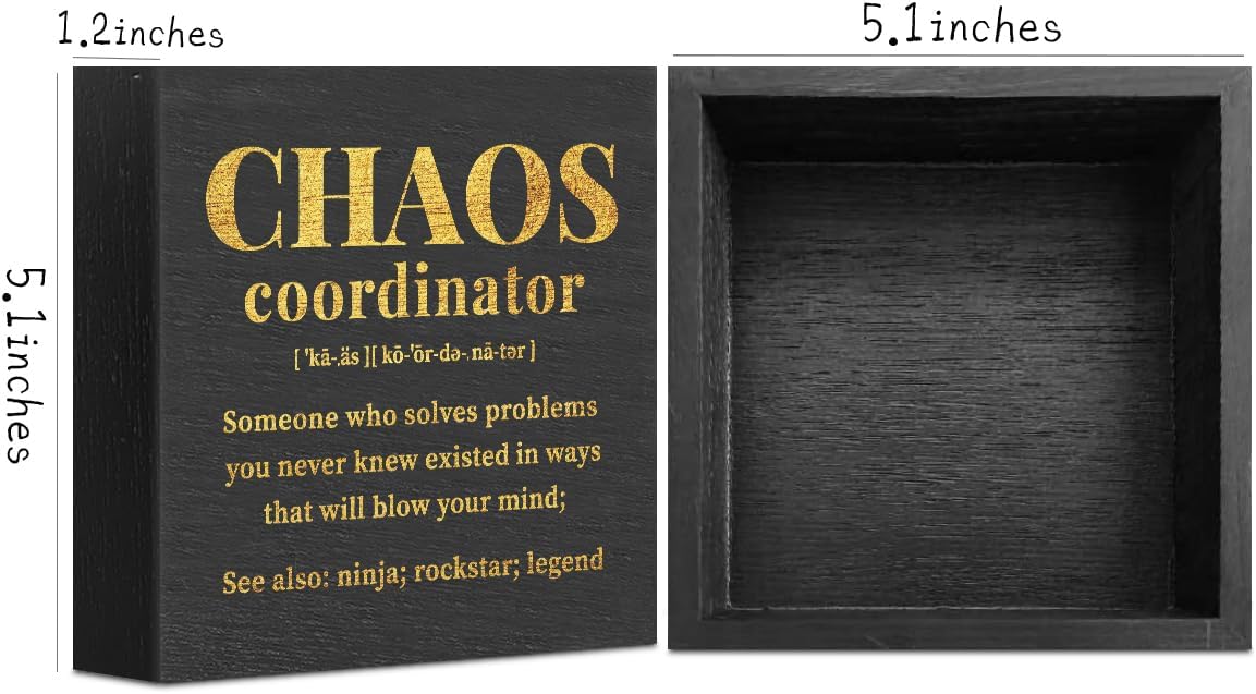 Chaos Coordinator Gifts Office Decor Wooden Box Sign, Administrative Professional Day Gifts Thank You Gifts for Boss Coworker Nurse Decorative Office Desk Accessories Table Shelf Plaque Sign, Black