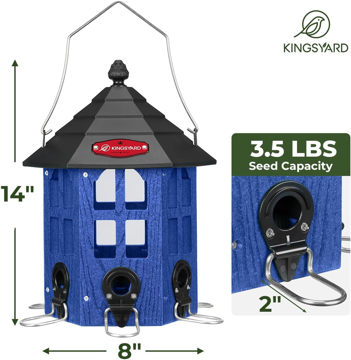 Kingsyard Wild Bird Feeder for Outdoor Hanging, Recycled Plastic Bird Feeders with 6 Ports & U-Shape Perch, Garden Yard Outside Decoration, 3.5 lbs Seed Capacity, Blue