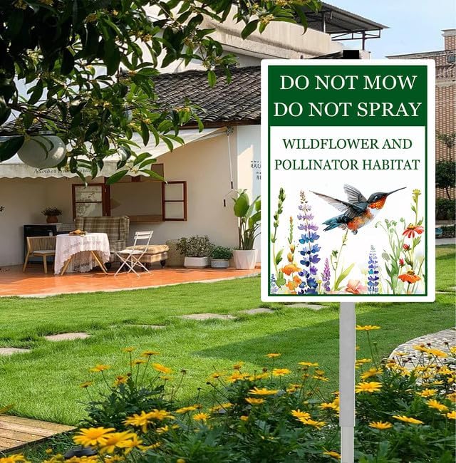 Do Not Mow Do Not Spray Wildflower and Pollinator Habitat Yard Sign With Stakes 7x9.8 inches Rustproof Reflective Aluminum Pollinator Friendly Garden Sign Stand Outdoor