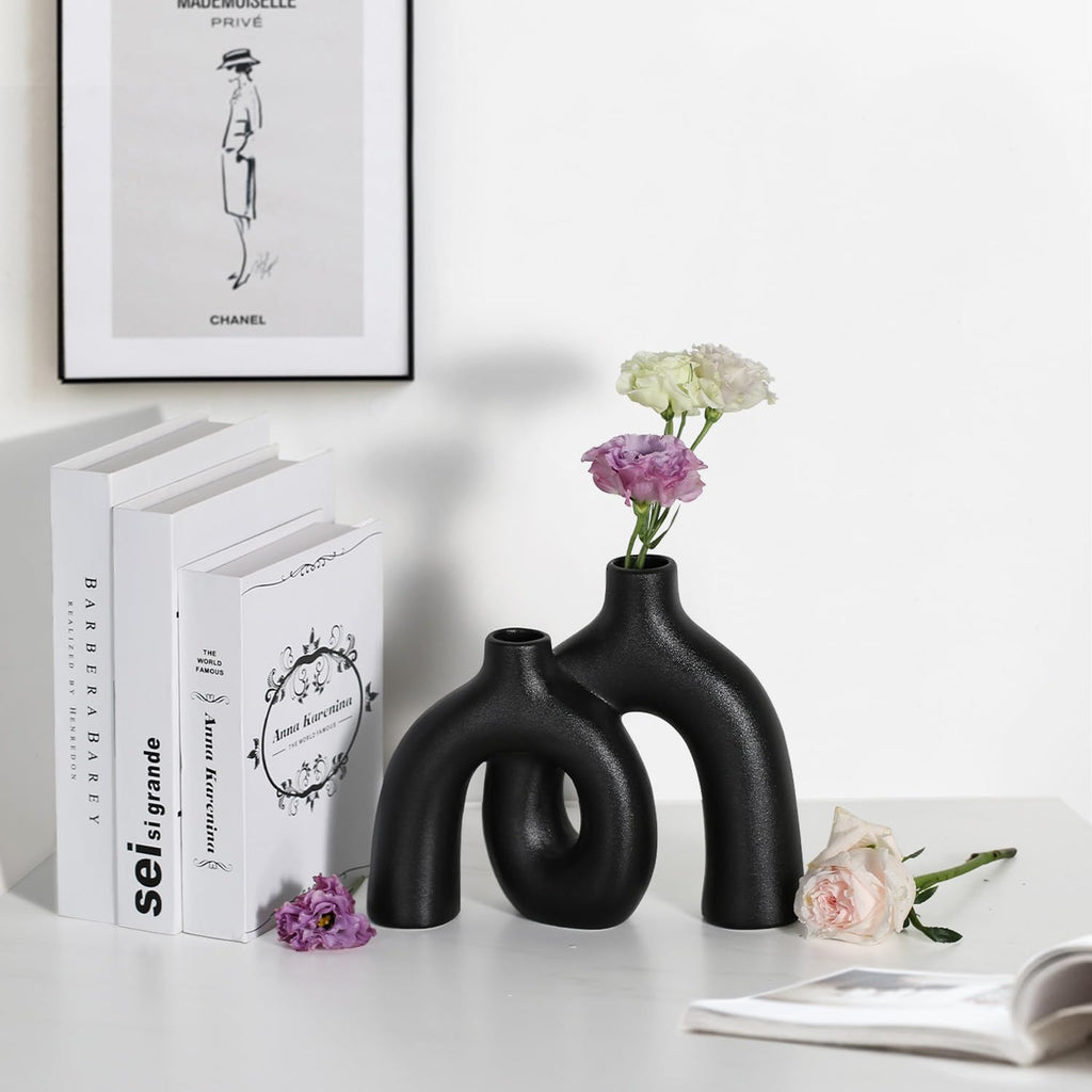 CEMABT Modern Nordic Boho Vase Set - Elegant Black Matte Ceramic Home Decor for Living Room, Bookshelf, Mantel, Entryway Table & Console Décor | Shelf Decorations Gift