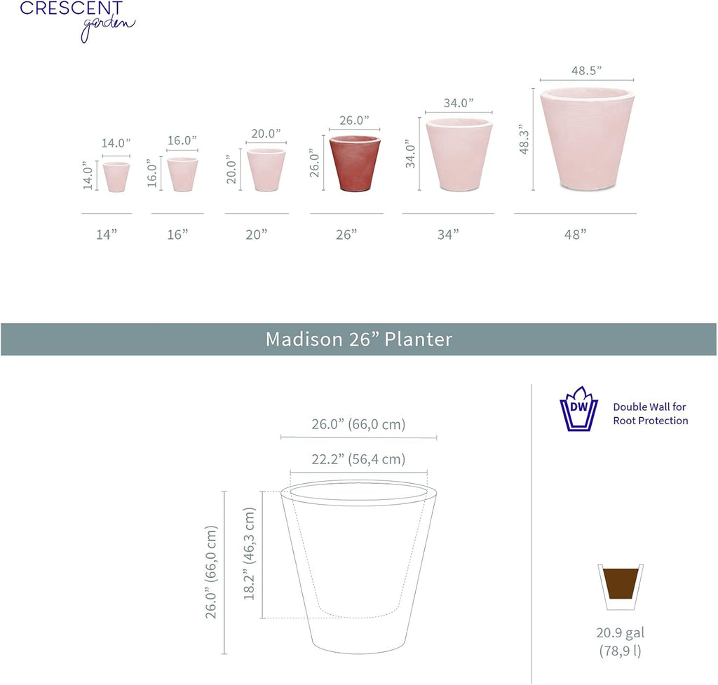 Crescent Garden Madison Planter– Weather-Resistant, Double Walled Indoor/Outdoor Plant Pot with Drain Hole – Large Plastic Plant Pot, 26-Inch (Bark)