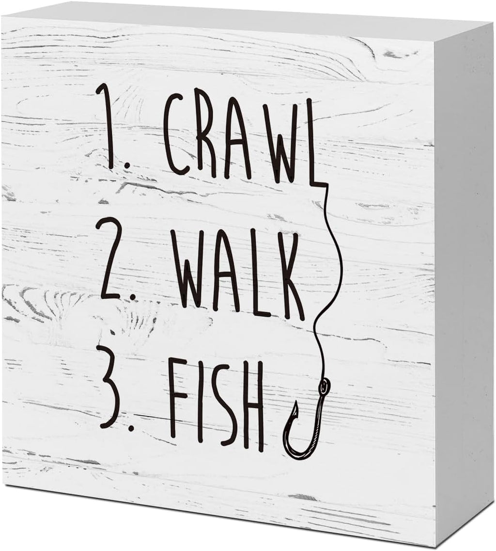 White Crawl Walk Fish Rustic Wooden Sign Desk Decor, Funny Baby Fishing Wood Block Sign for Home Bedroom Baby Room Shelf Table