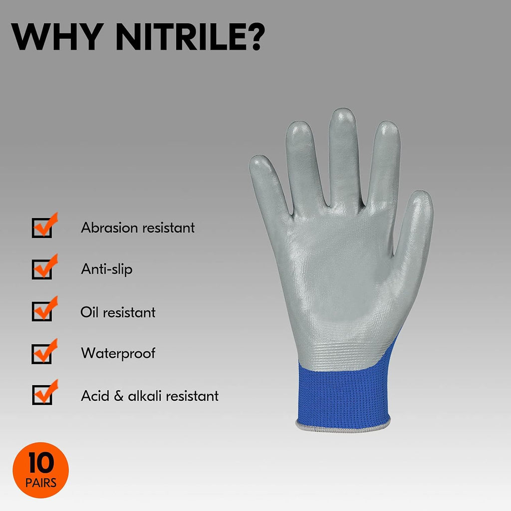 Vgo... 10-Pairs Safety Work Gloves, Gardening Gloves, Non-slip Nitrile coating, Dipping Gloves (Size M, Blue, NT2110)