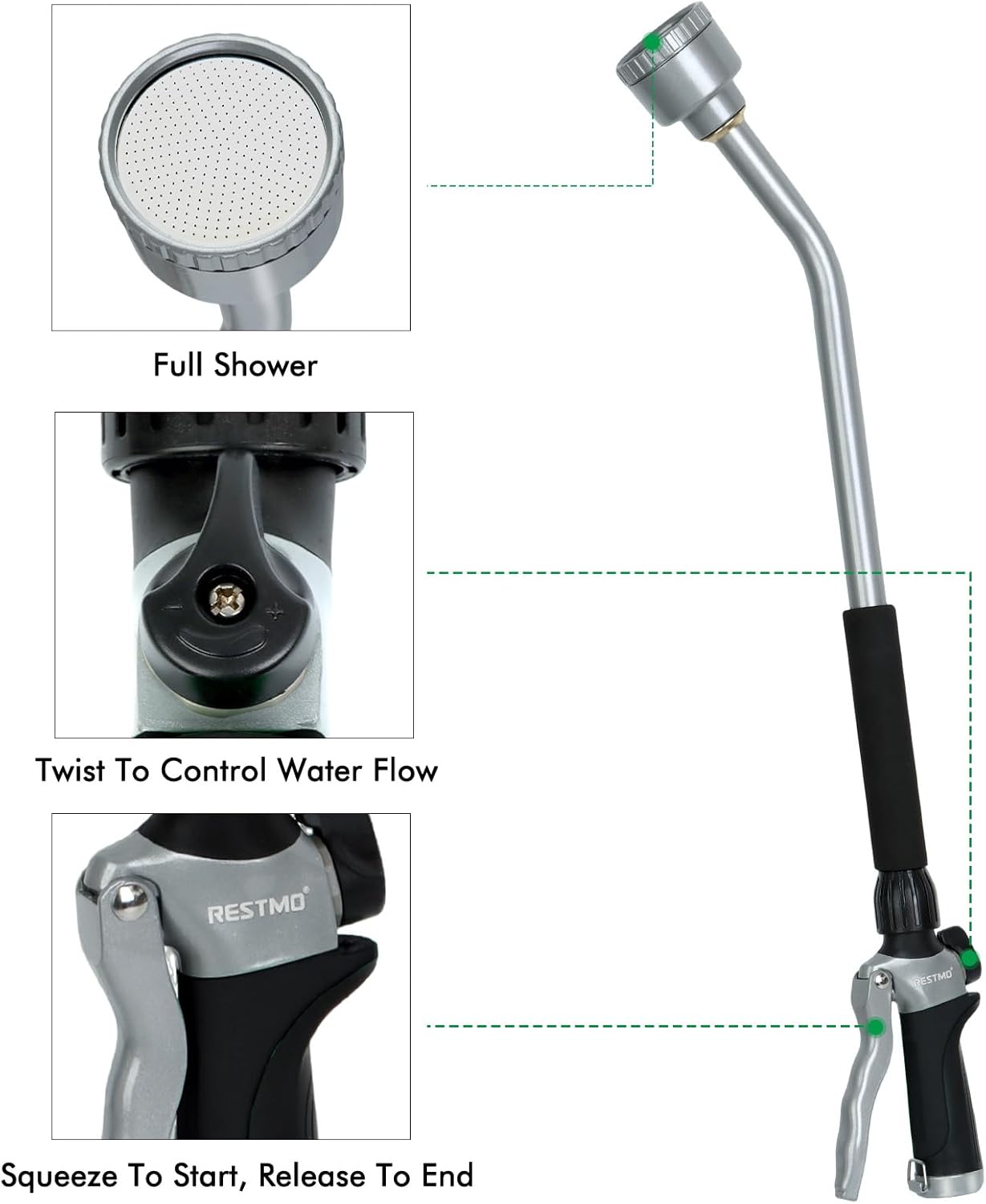 RESTMO Long Watering Wand, 24 Inches Gentle Soft Full Shower Sprayer Wand with Flow Control, Heavy Duty Metal Hose Wand for Hanging Baskets, Shrubs, Plants, Flowers, Garden and Lawn, Black