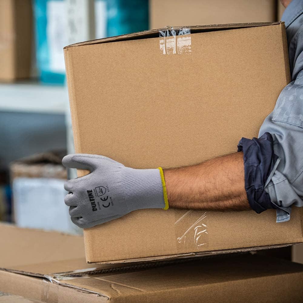 DULFINE Safety Work Gloves PU Coated-12 Pairs,Grey Seamless Knit Glove with Polyurethane Coated Smooth Grip on Palm & Fingers, for Men and Women, Ideal for General Duty Work (Small)