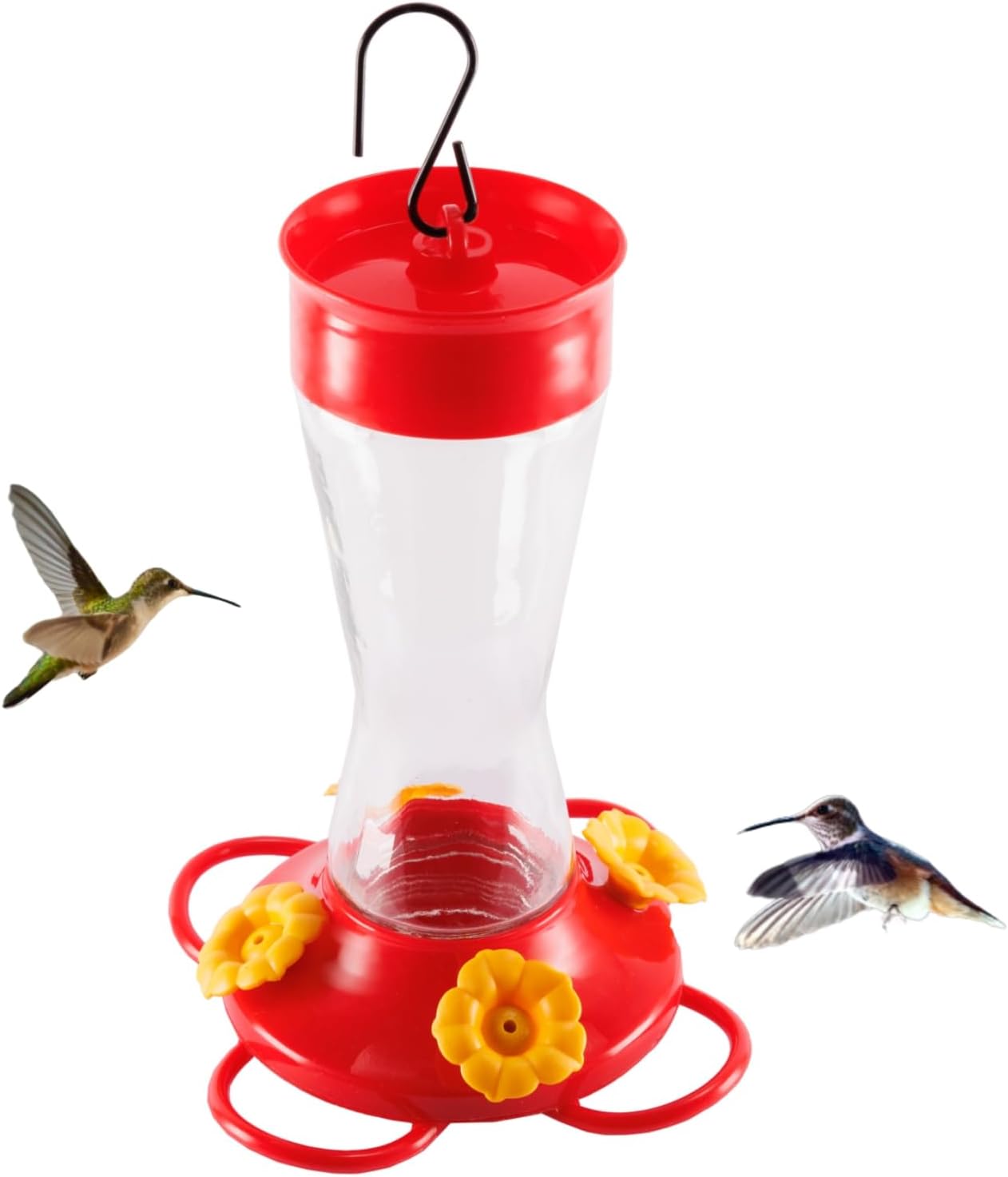 Nature's Rhythm Bird Feeder 4 bee Guard Plastic Yellow Flowers Feeding Port 8oz Glass Pinch Waist Hummingbird Feeder (1Pcs)