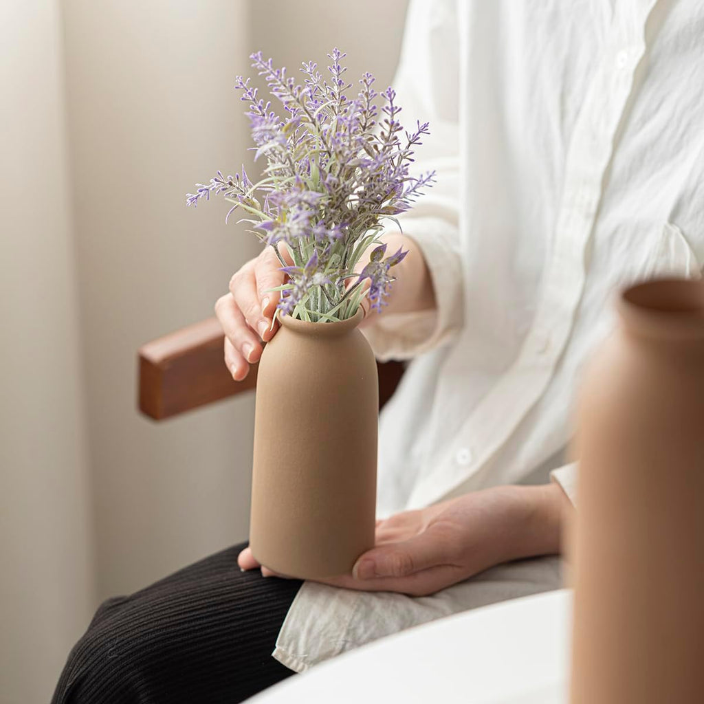 Ceramic Vase Set-3, Small Flower Vases for Decor, Modern Boho Farmhouse Style, Decorative Vases for Pampas Grass & Dried Flowers, Distressed Finish (Earth Tone)