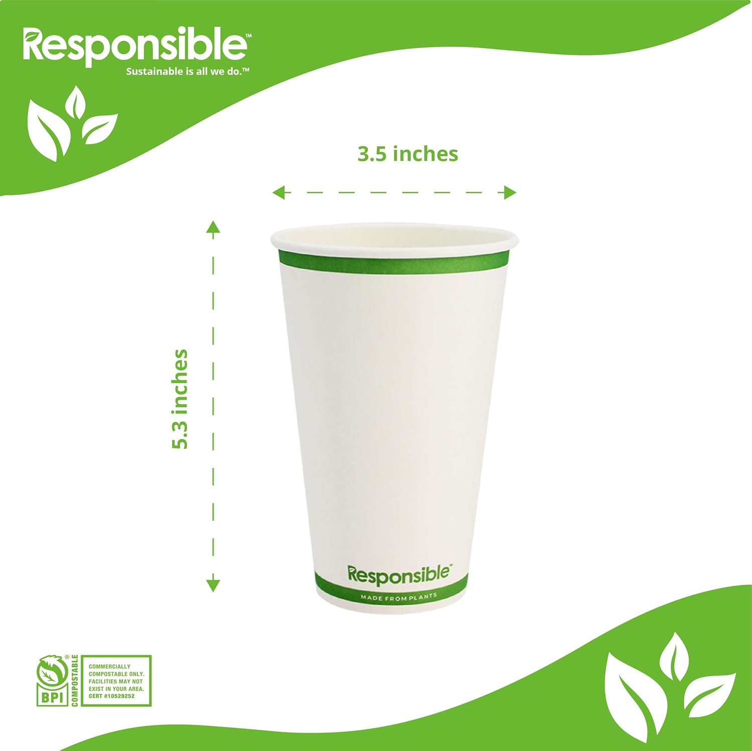 Certified Compostable 16 oz Paper Cups, Cold ＆ Hot Coffee Cups, Disposable Paper Cups, Extra Strength Disposable Cups, Made without PFAS (50 count)