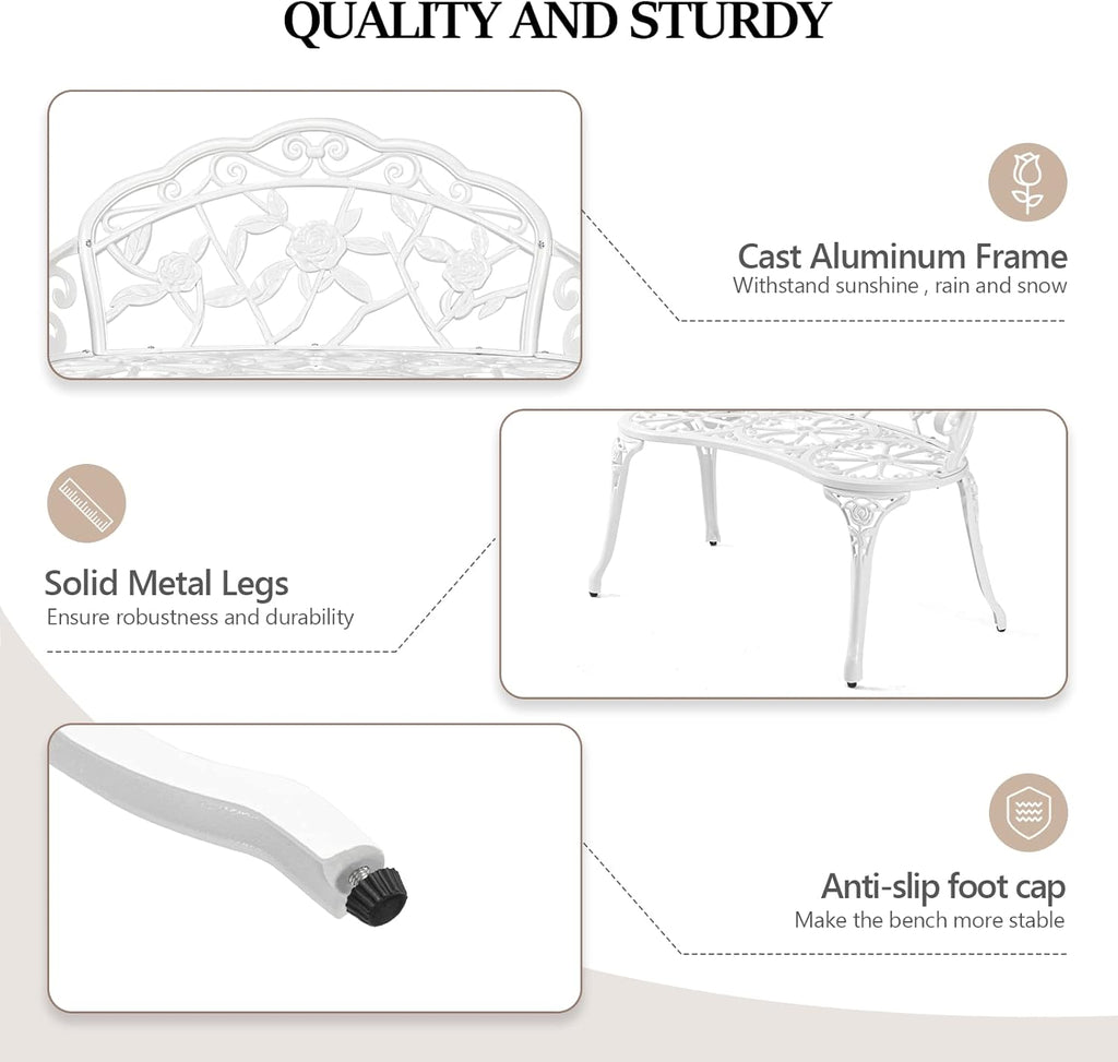 VINGLI 38.5" Patio Park Garden Outdoor Metal Rose Bench,Cast Iron Cast Aluminium Frame Antique Finish Chair,Accented Lawn Front Porch Path Yard Decor Deck Furniture for 2 Person Seat（White