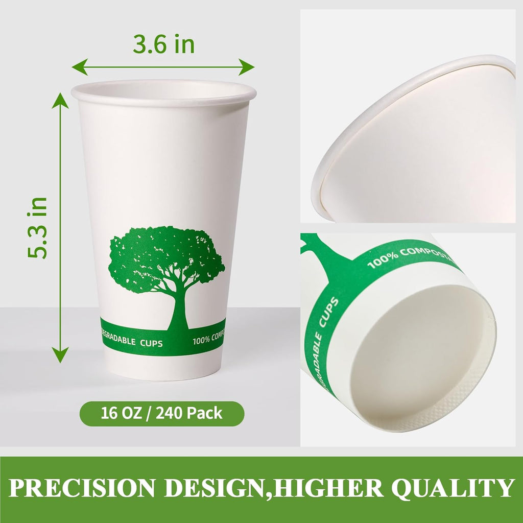 Vplus 240 Pack Compostable Paper Cups, 16 oz Paper Coffee Cups, Biodegradable Disposable Paper Cups, Eco-friendly Hot Drinking Cups for Party, Picnic,and Events