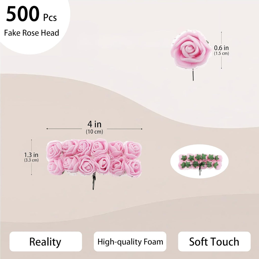 500 Pcs 0.6 Inch Mini Artificial Flowers Head Bulk 5 in 1 Set Faux Foam Fake Small Rose Tiny Baby Flores Bouquet Wreath Gift Hair Clip Home Decoration DIY Craft (Light Pink)