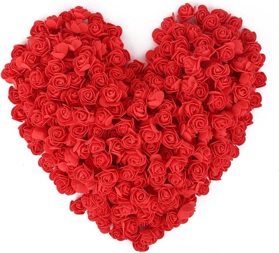 Mini Fake Rose Flower Heads 144pcs Mini Artificial Foam Roses DIY Wedding Flowers Accessories Make Bridal Hair Clips Headbands Dress (Bottom add Gauze) for Valentines Day,Wedding,Bridal Shower (Red)