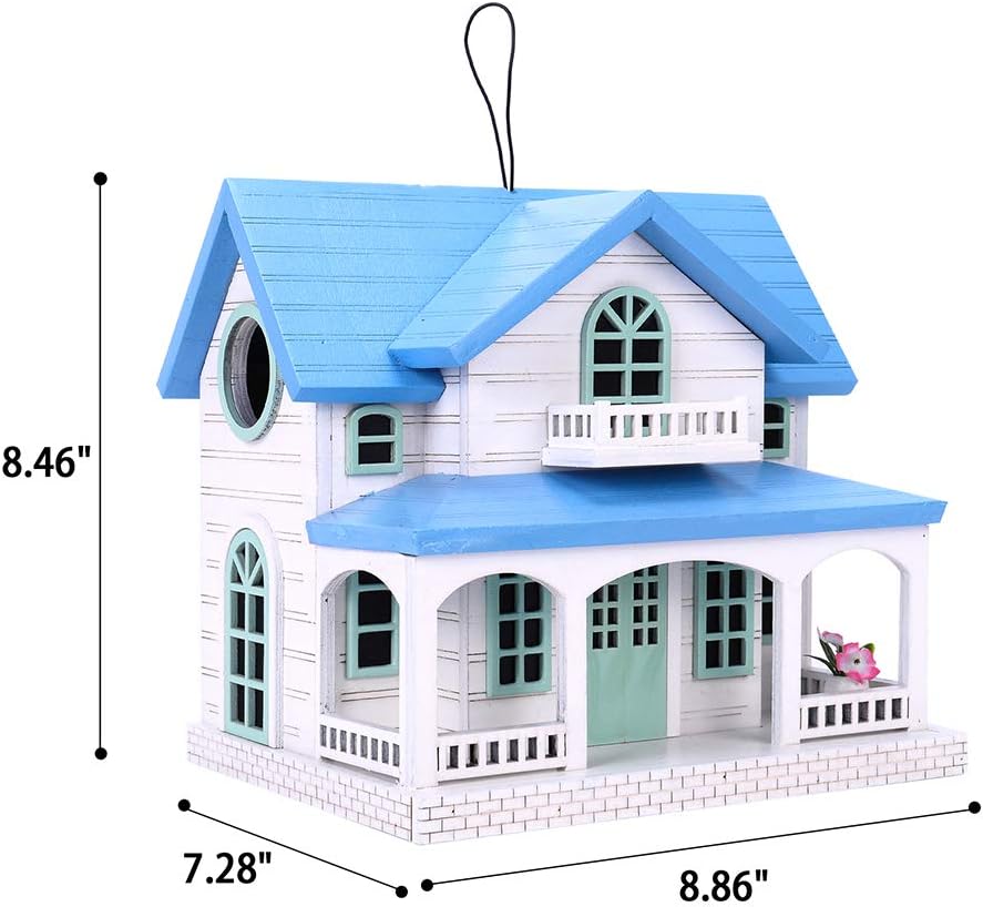 Decorative Wooden Birdhouse for Outdoor Hanging – Handcrafted Miniature Cottage Style with Blue Roof, Front Porch, and Balcony – Garden or Backyard Décor for Wild Birds (Ocean Bungalow)