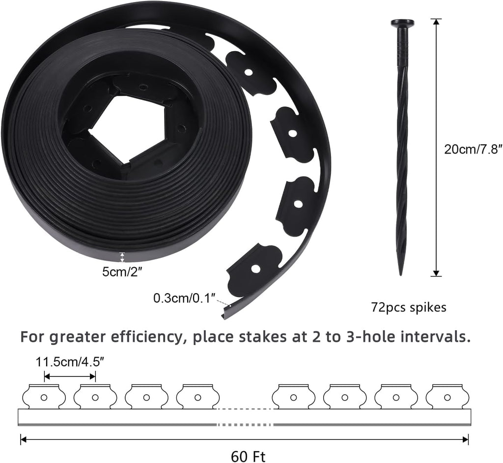 No Dig Durable Garden Landscape Edging Kit, 2 Inch Tall Black Plastic Lawn Border with 72pcs Anchoring Spikes for Landscaping, Flower Gardens, Lawn (60FT+72pcs Anchoring Spikes)