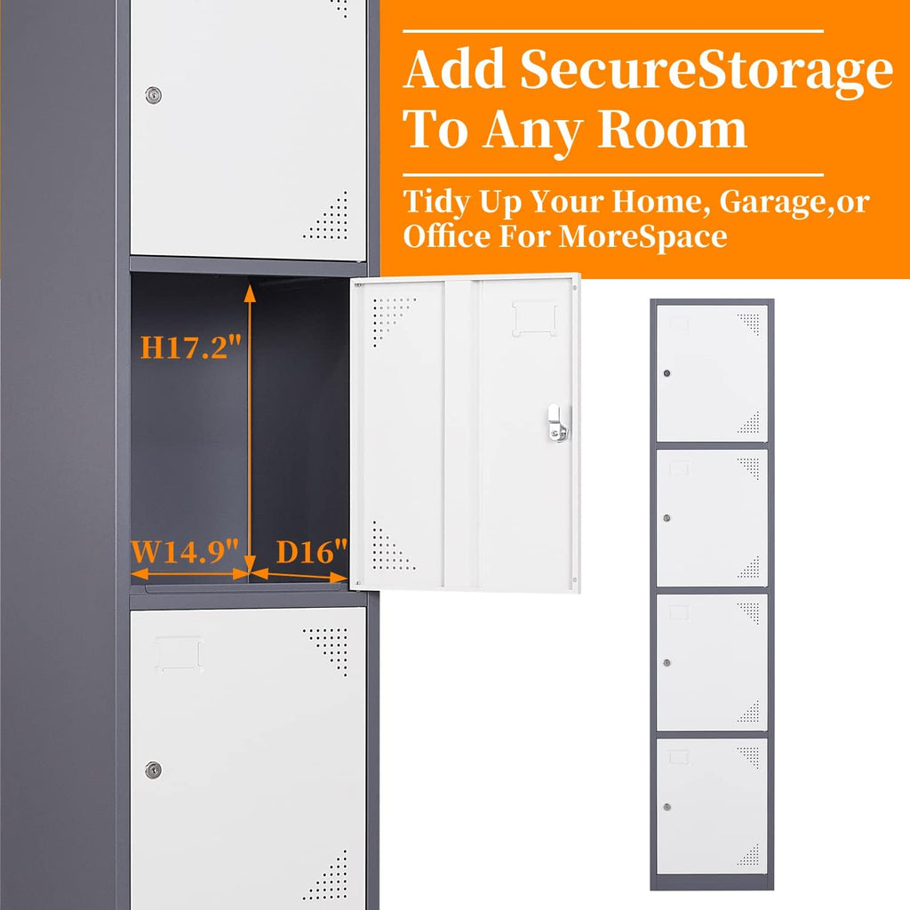 Metal Locker with 4 Doors, 71'' Lockers for Employees Steel Storage Locker, Lockable Locker Cabinet for School, Gym, Home Office and Garage（Grey White） (Rectangular)