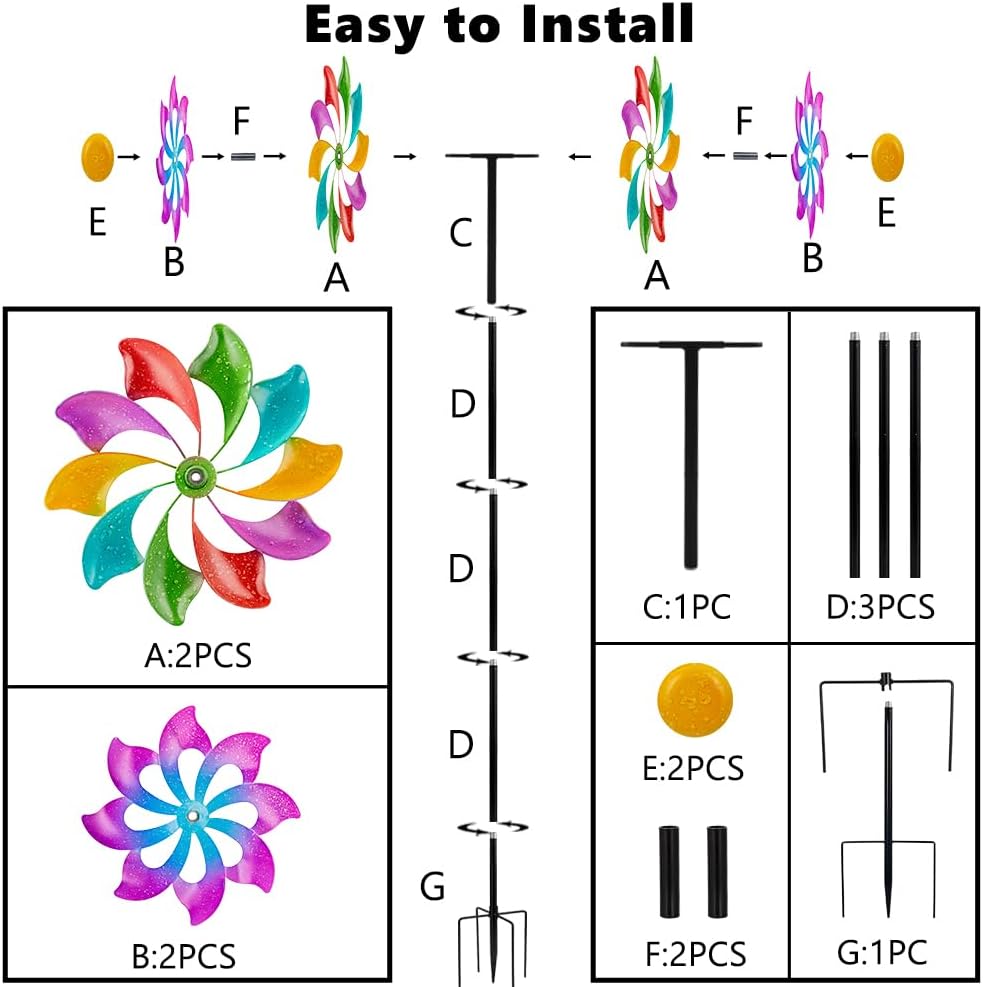 DREAMSOUL 13" Wind Spinners Outdoor, Colorful Wind Spinners Yard Art for Garden Patio Lawn Decor (63 * 13 Inches)