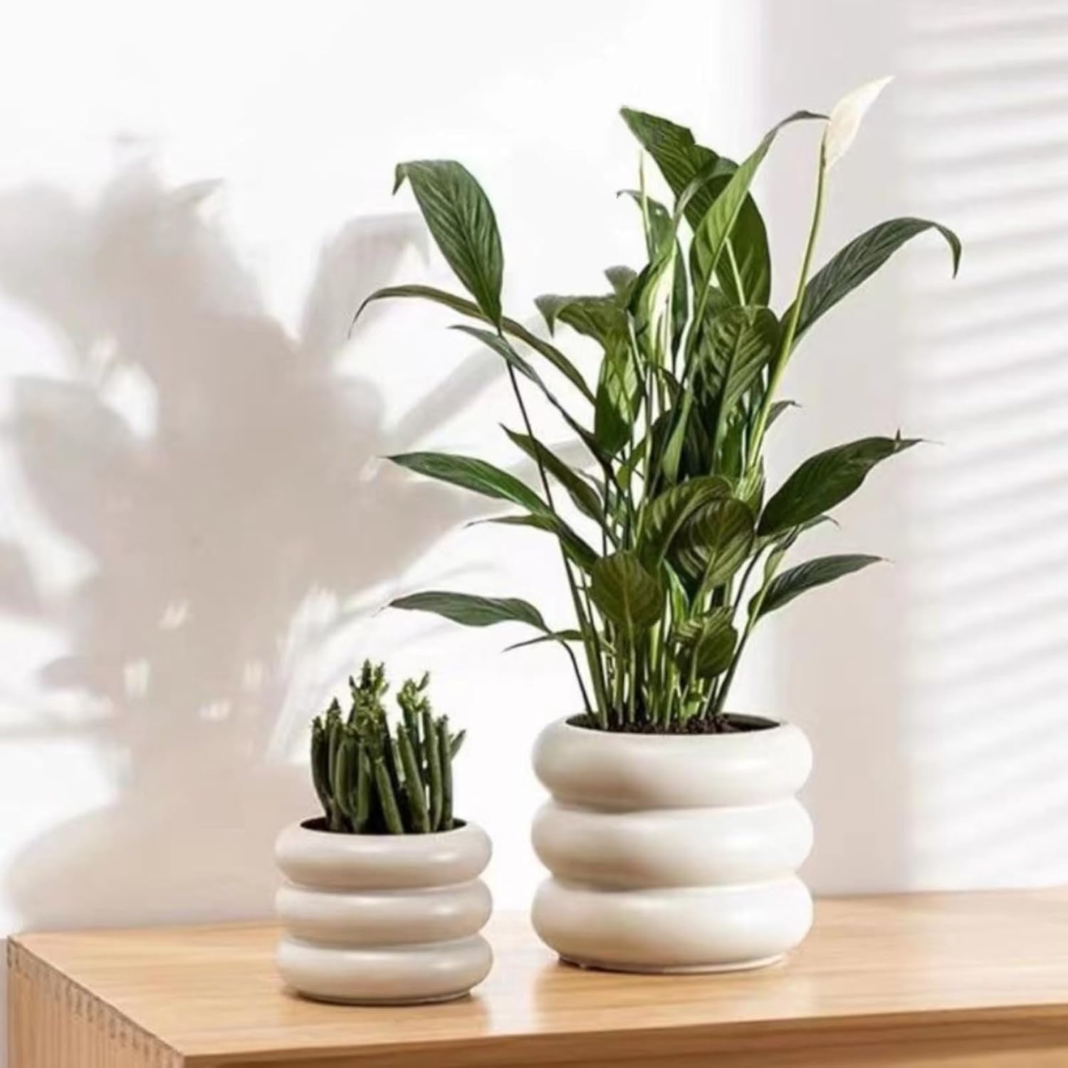 Ceramic Plant Pot Indoor, 6.5 Inch Flower Pot with Drainage Hole, Tiered Bubble Design Ceramic Planter for Home & Office Decor (Beige)