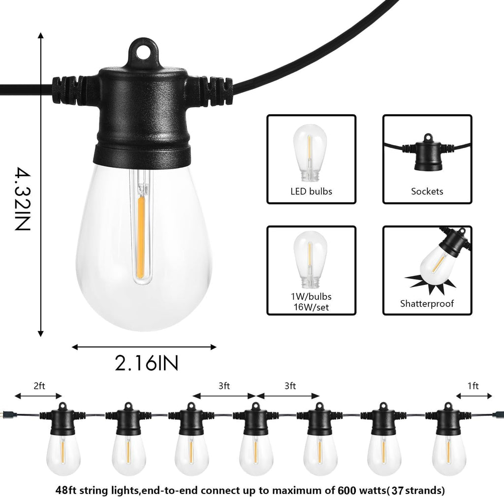 SUNTHIN Outdoor String Lights, 144ft(3 Pack 48ft) Patio Lights with LED Shatterproof Bulbs, Hanging for Outside, Garden, Backyard, Deck, Porch, Bistro, Pool, Party