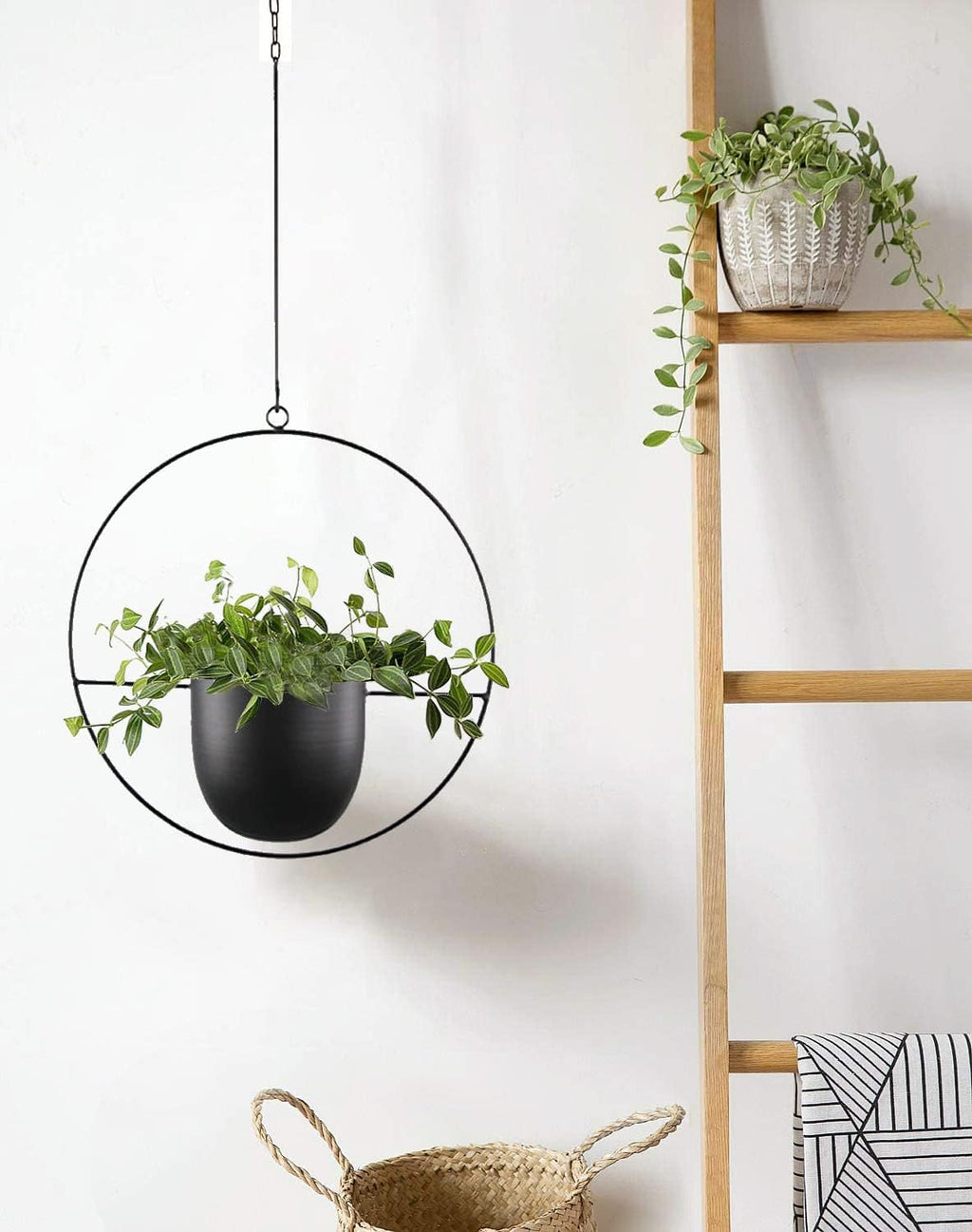 Hanging Planter for Indoor Outdoor Plants Metal Mid Century Minimalist Wall Ceiling Plant Hanger, Hanging Flower Pot Basket Holder for Home Office Décor(Black)