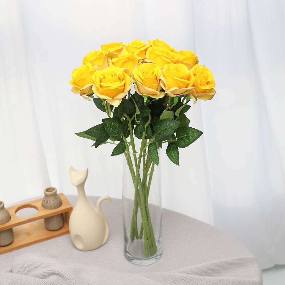 Yellow Fake Roses Artificial Flowers - 10 Pcs Fake Artificial Roses Silk Flowers with Stems for Home Wedding Hotel Office Centerpiece Decor