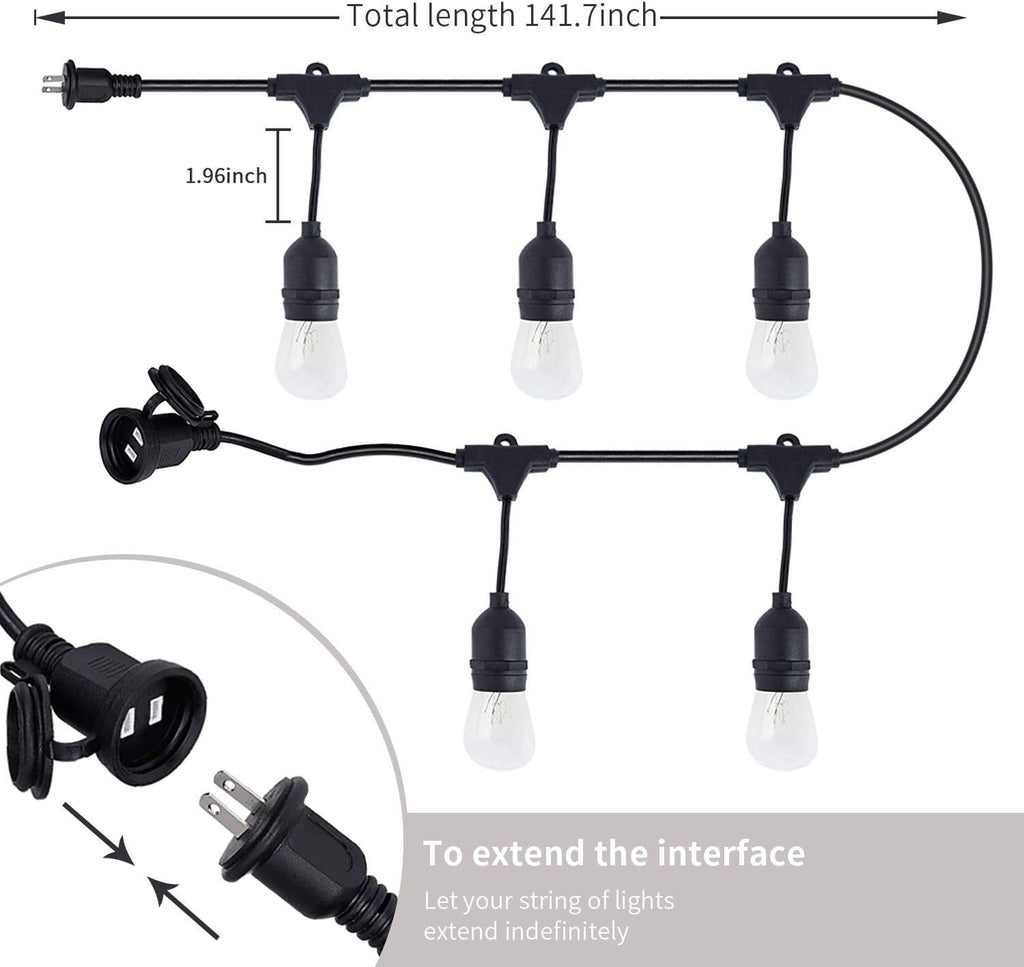 FRIDEKO HOME Waterproof Outdoor String Lights - 12Ft Commercial Grade Patio Lights Heavy Duty Light String Hanging Light Fixture with 11W S14 Bulbs for Deckyard Garden Porch Party Decor