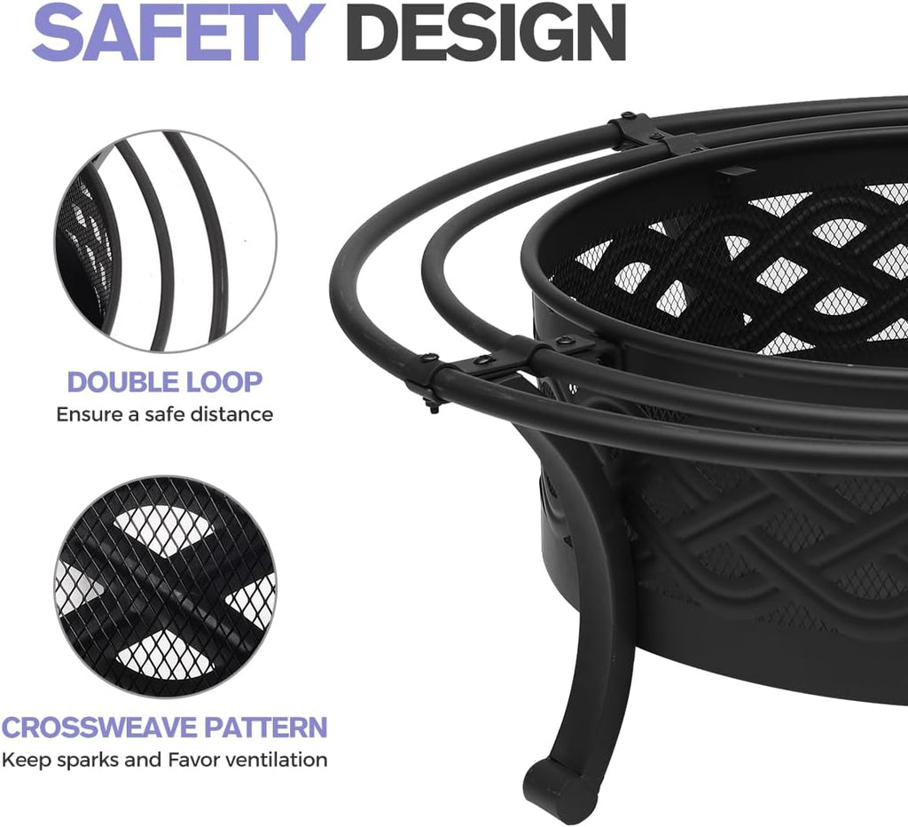 36 Inch Fire Pit with 2 Loops,Crossweave Wood Burning Fire Pits for Outside,with Spark Screen,Fire Poker,Round Outdoor Firepit for Patio,Yard,Garden,Camping,Bonfire(36''Black)