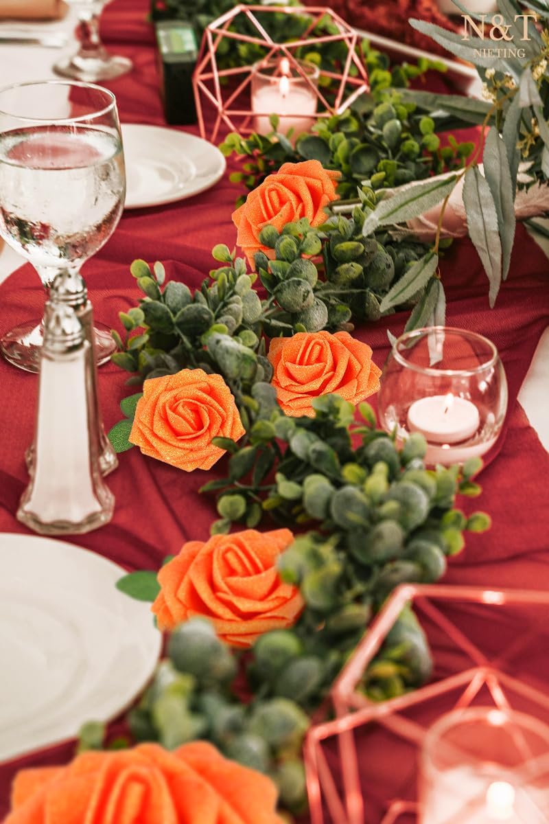 N&T NIETING Artificial Flowers Glowing Burnt Orange Flowers Foam 25pcs Glitter Roses Real Looking Fake Roses with Stem for DIY Wedding Bouquets Centerpieces Bridal Shower Party Home Decorations