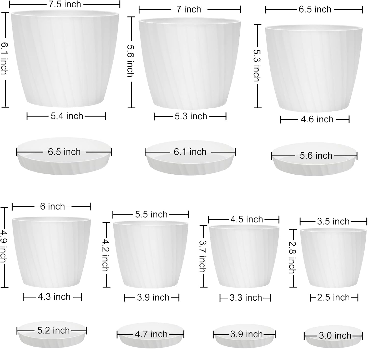 7 pcs Plant Pots with Drainage Holes and Saucers, Indoor Planters, Set of 7 (7.5, 7, 6.5, 6, 5.5, 4.5, 3.5 Inches), White