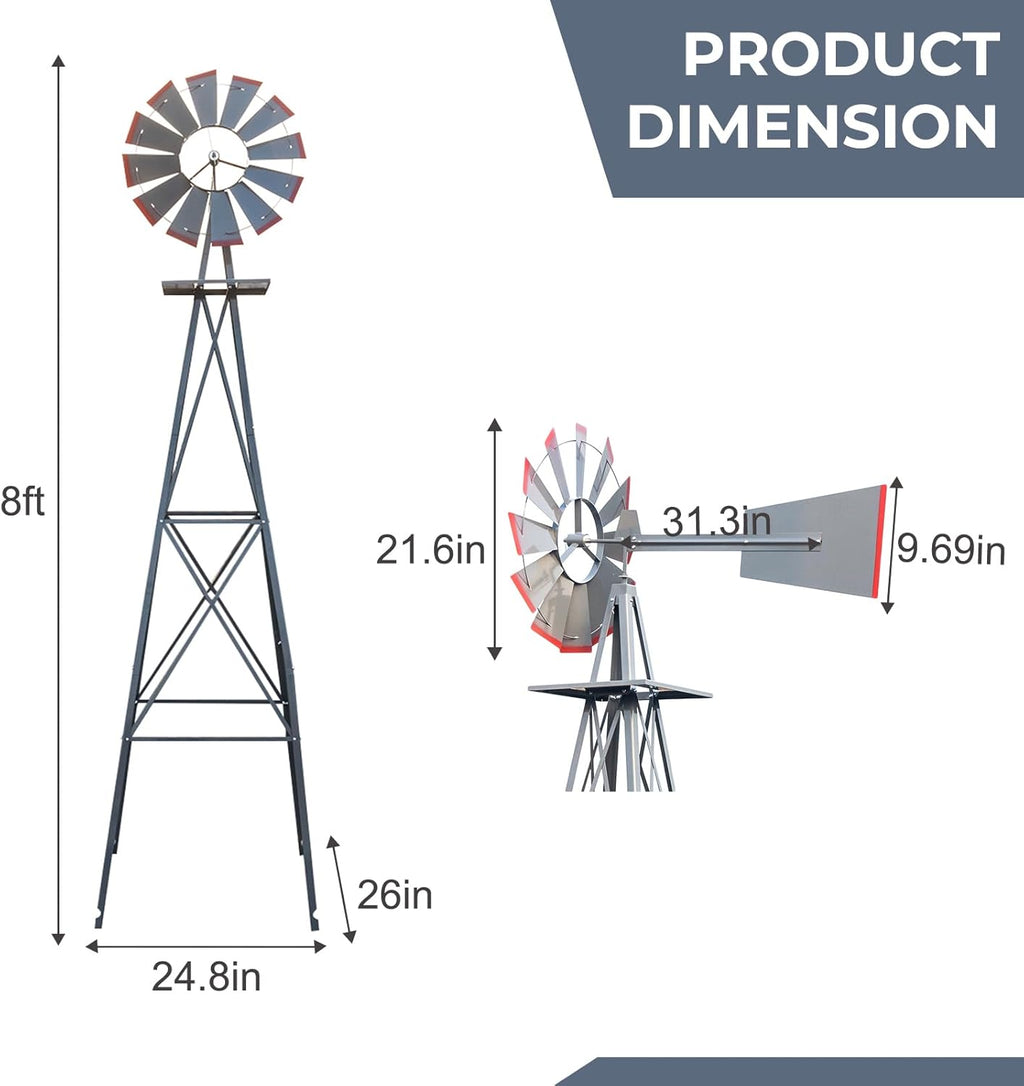 Outvita 8FT Ornamental Windmill, Heavy Duty Durable Metal Weather Vane Garden Decoration Weather Resistant for Garden, Yard, Farm, Seaside (8ft-Gray)