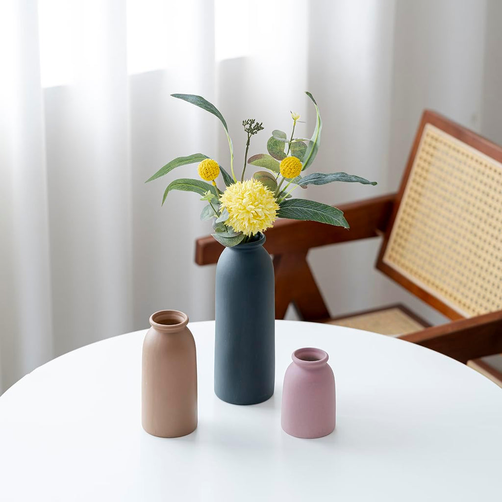 Ceramic Vase Set-3, Small Flower Vases for Decor, Modern Boho Farmhouse Style, Decorative Vases for Pampas Grass & Dried Flowers, Distressed Finish (Light Coffee)