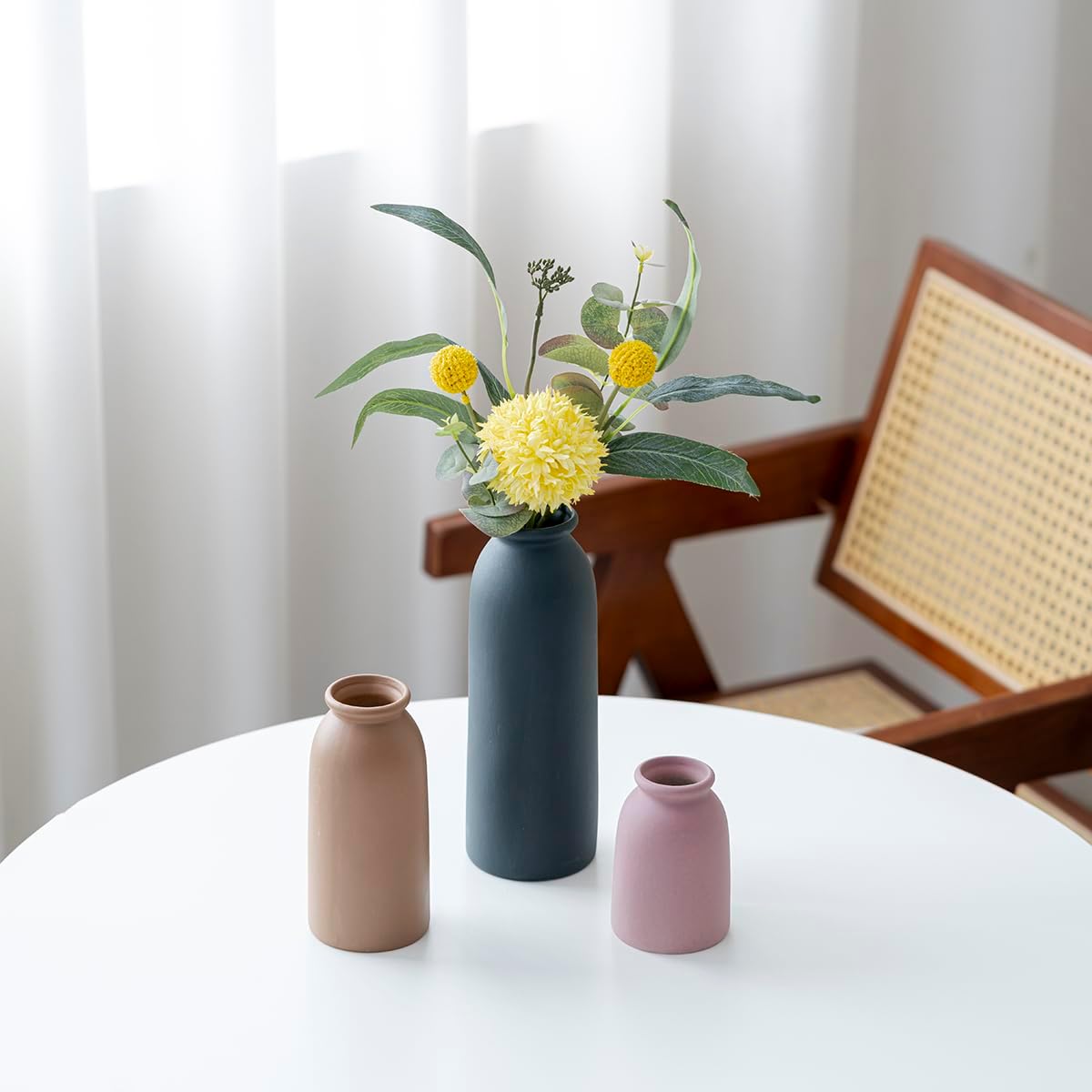 Ceramic Vase Set-3, Small Flower Vases for Decor, Modern Boho Farmhouse Style, Decorative Vases for Pampas Grass & Dried Flowers, Distressed Finish (Light Coffee)