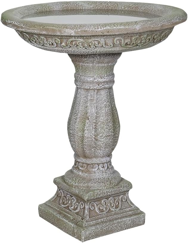 SunJet 23.8” H x 20” Dia Outdoor Birdbath with Exquisite Carvings Pedestal - Fibre Reinforced Concrete Birdbaths, Neoclassical Style Design for Garden Decor & Bird Attraction
