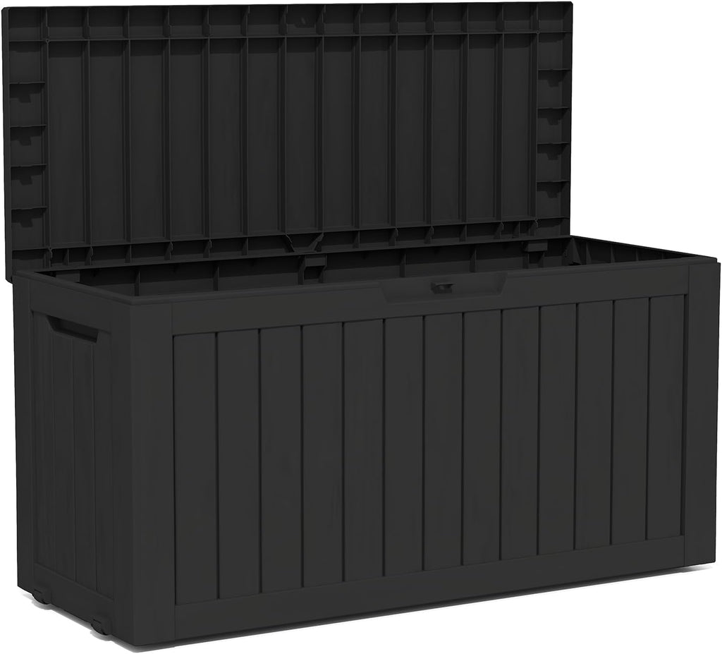 90 Gallon Lockable Resin Deck Box with Wheels, Waterproof & UV-Resistant Outdoor Storage Box for Outdoor Cushion Storage, Garden Tools & Pool Accessories Storage, Black