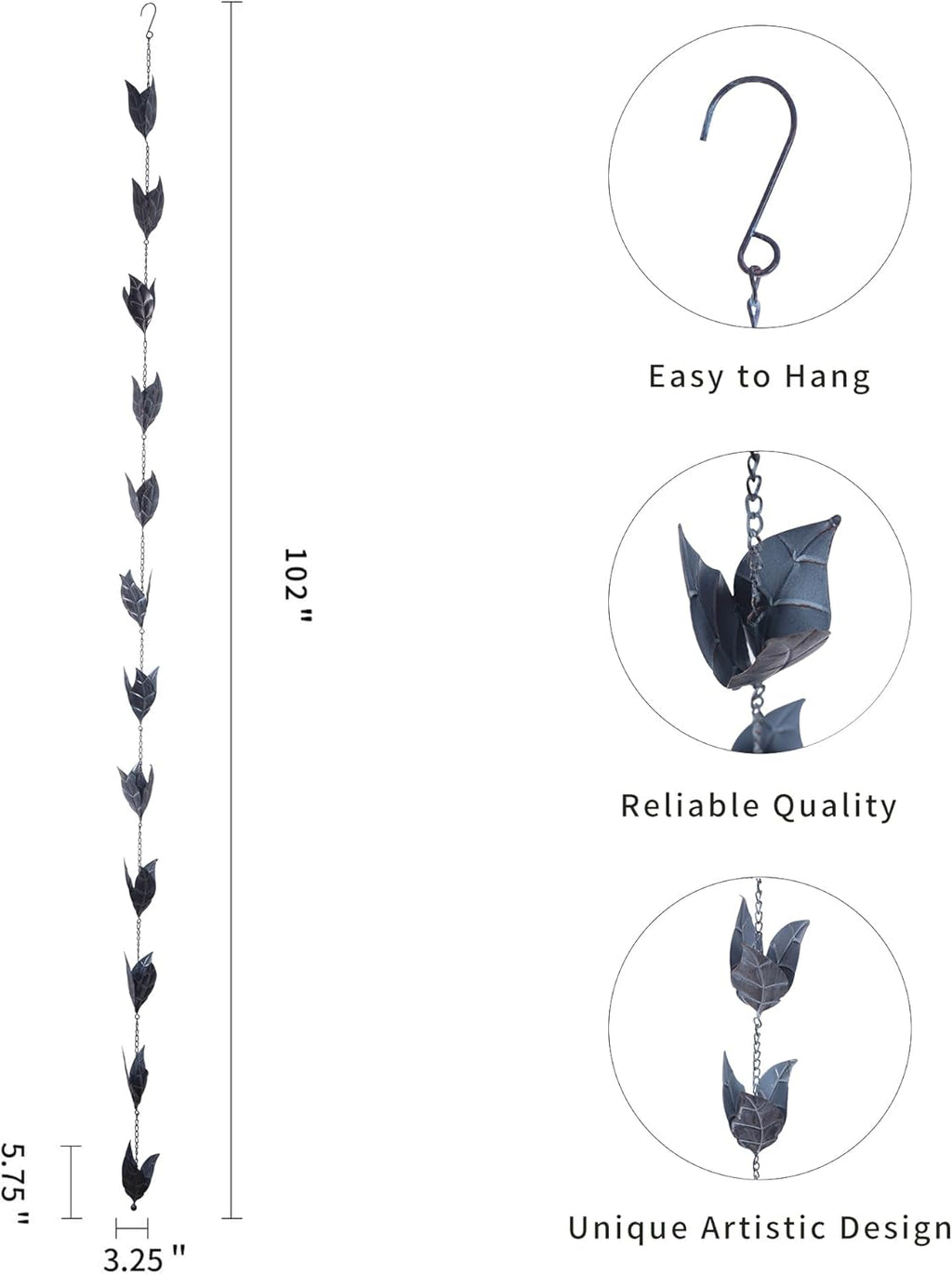 Rain Chain Decoration 8.5 FT., Rain Catcher Chain Gutter Downspout 102'' for House Eaves, Garden & Home, Leaf Shape Rain Chains