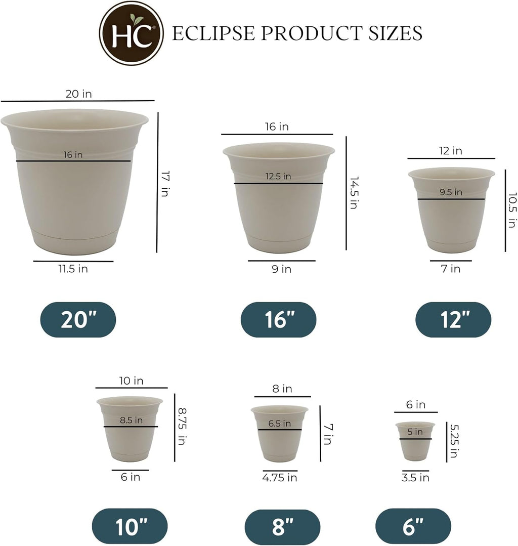 The HC Companies Eclipse Round Planter with Saucer - Outdoor & Indoor Plant Pot with Drainage Holes - Lightweight, UV-Resistant Plastic Pots for Plants, Flowers & Herbs (8" Cottage Stone, Pack of 1)