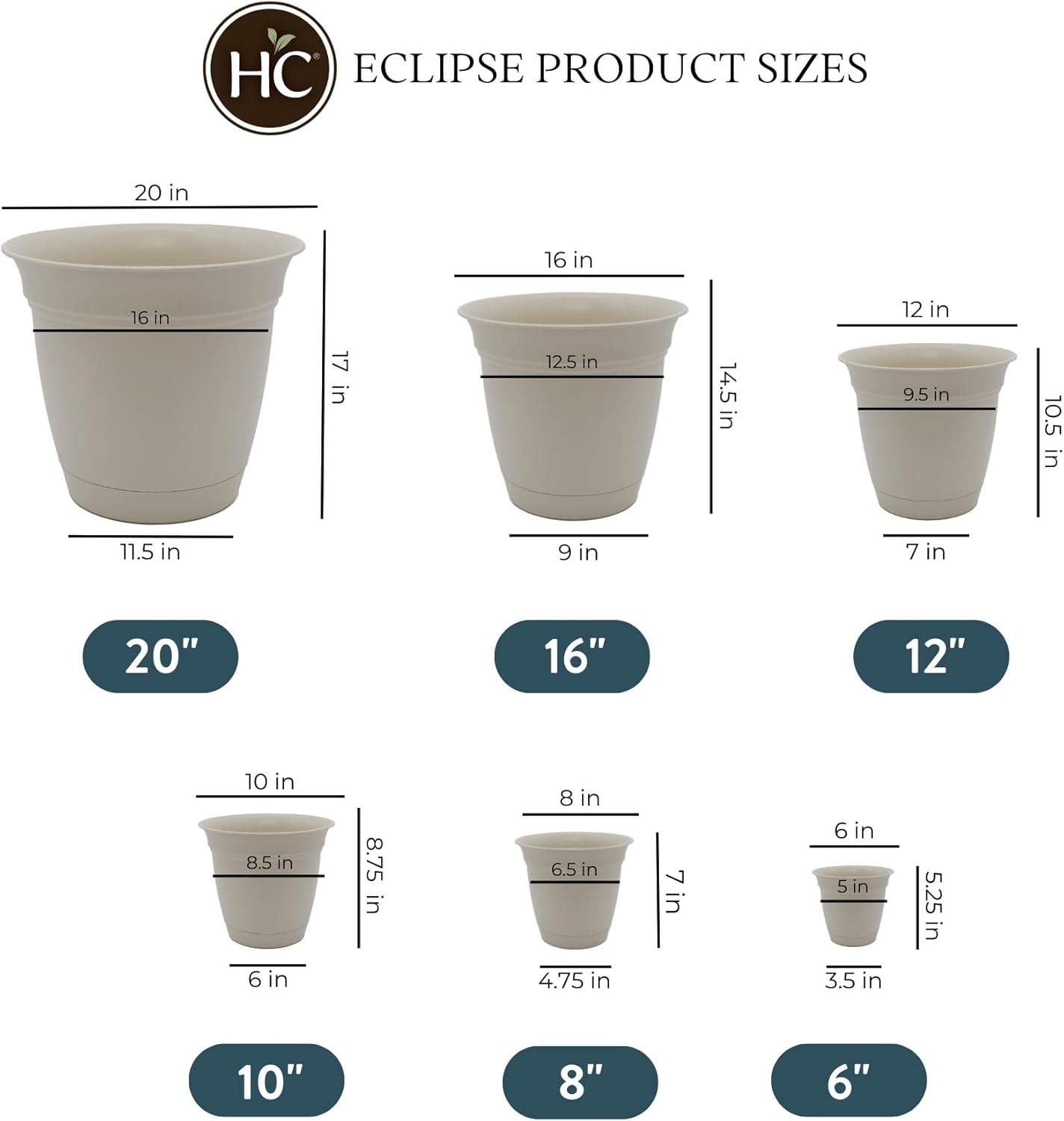 The HC Companies Eclipse Round Planter with Saucer - Outdoor & Indoor Plant Pot with Drainage Holes - Lightweight, UV-Resistant Plastic Pots for Plants, Flowers & Herbs (20" Cottage Stone, Pack of 1)