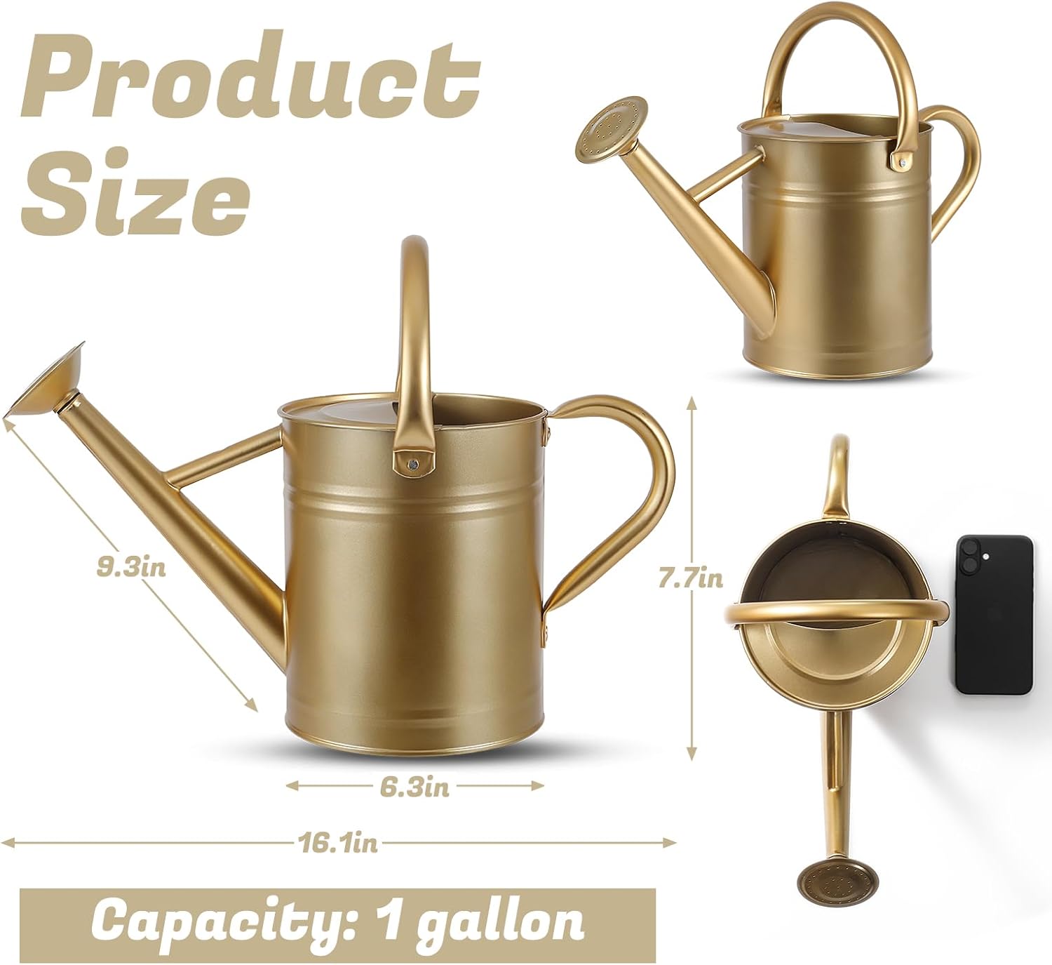 1 Gallon Watering Can for Plants, Watering Cans for Indoor&Outdoor Gardening, Galvanized Steel Watering Pot with Removable Spout, Metal Water Can with Ergonomic Movable Handle(Gold)