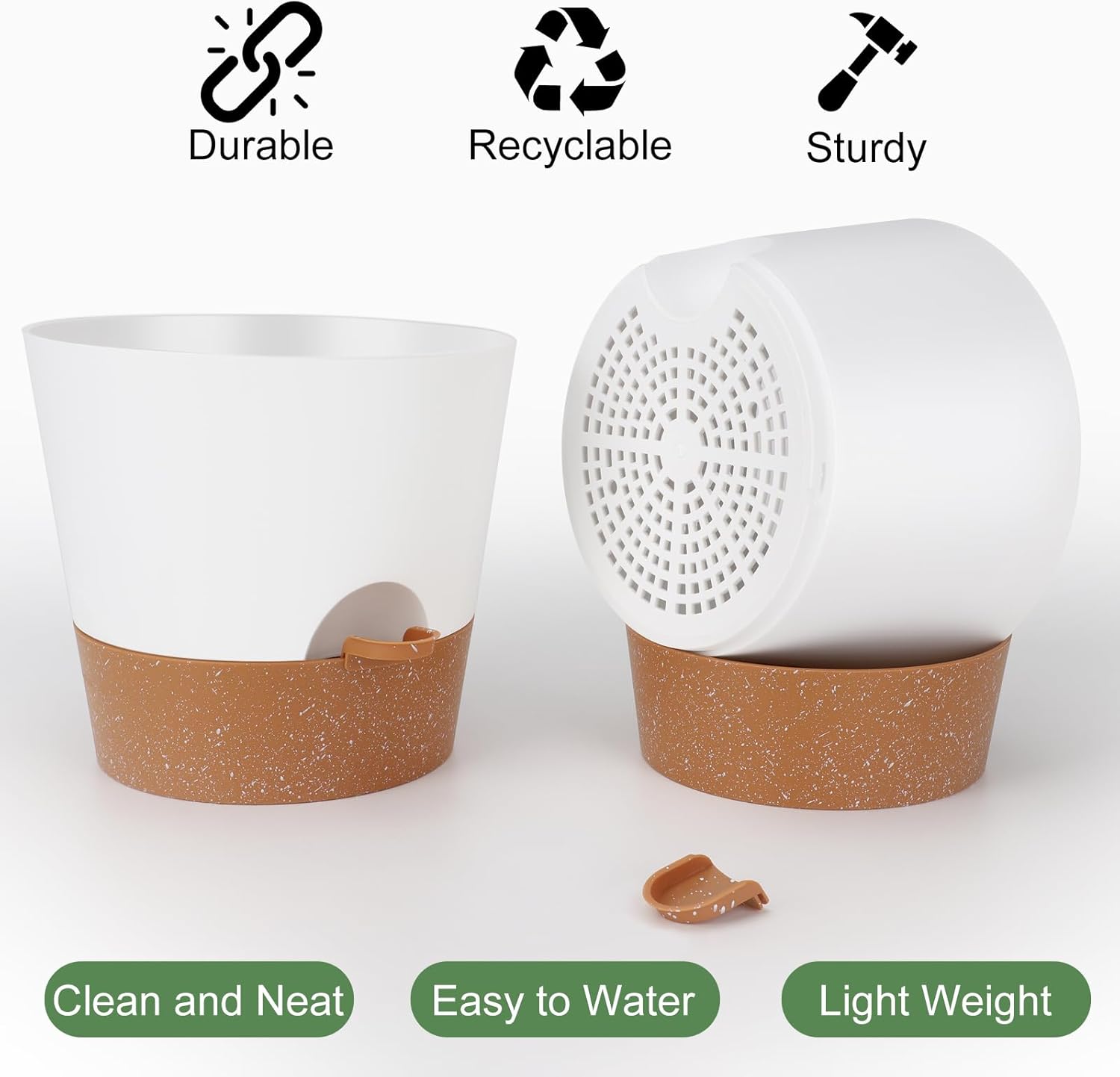 10 inch Plant Pots, Self-Watering Planters with Drainage Holes & Saucers for Indoor and Outdoor Plants (2-Pack,White